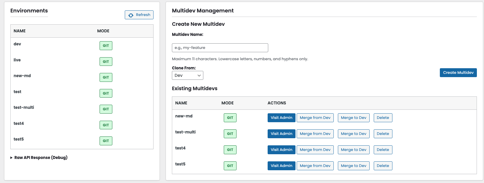 Development page - multidev management table