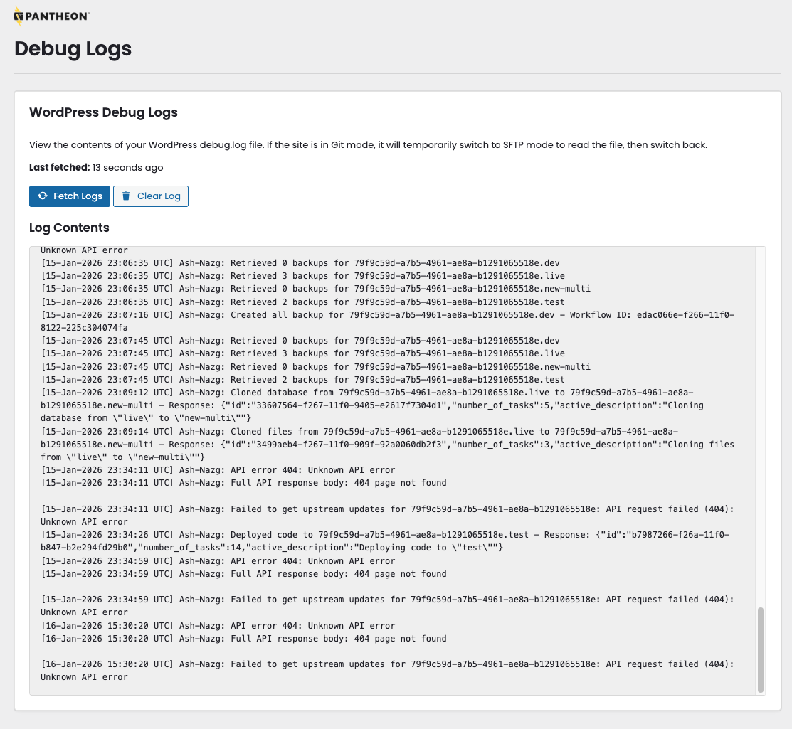 Logs page showing debug.log contents and clear logs button