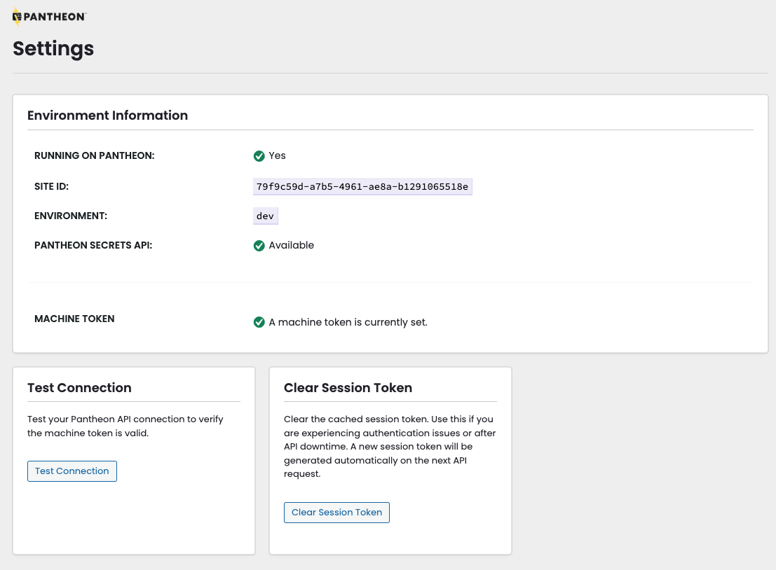 Settings page showing machine token configuration and session token management