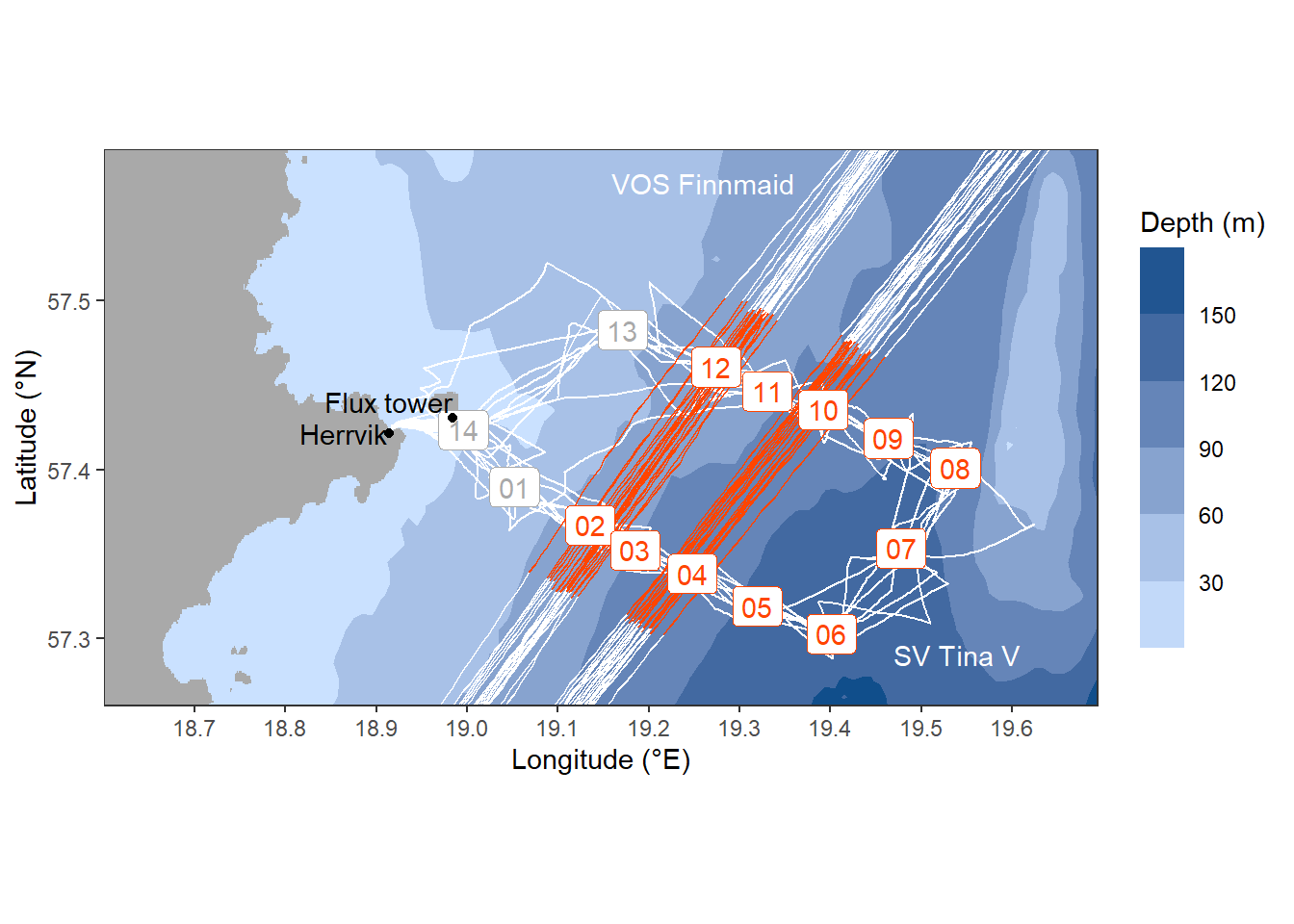 Location of stations sampled between the east coast of Gotland and Gotland deep.