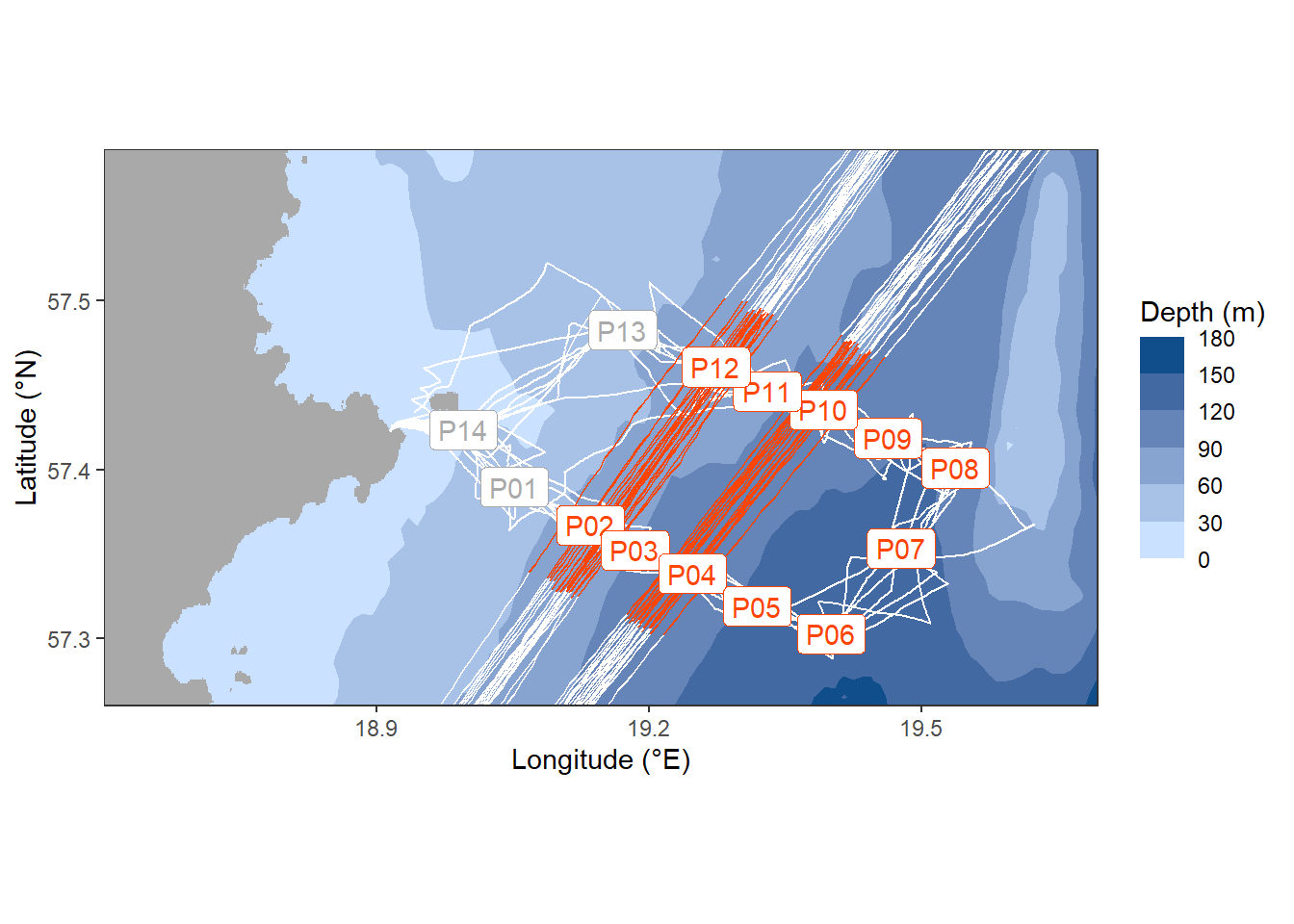 Location of stations sampled between the east coast of Gotland and Gotland deep.