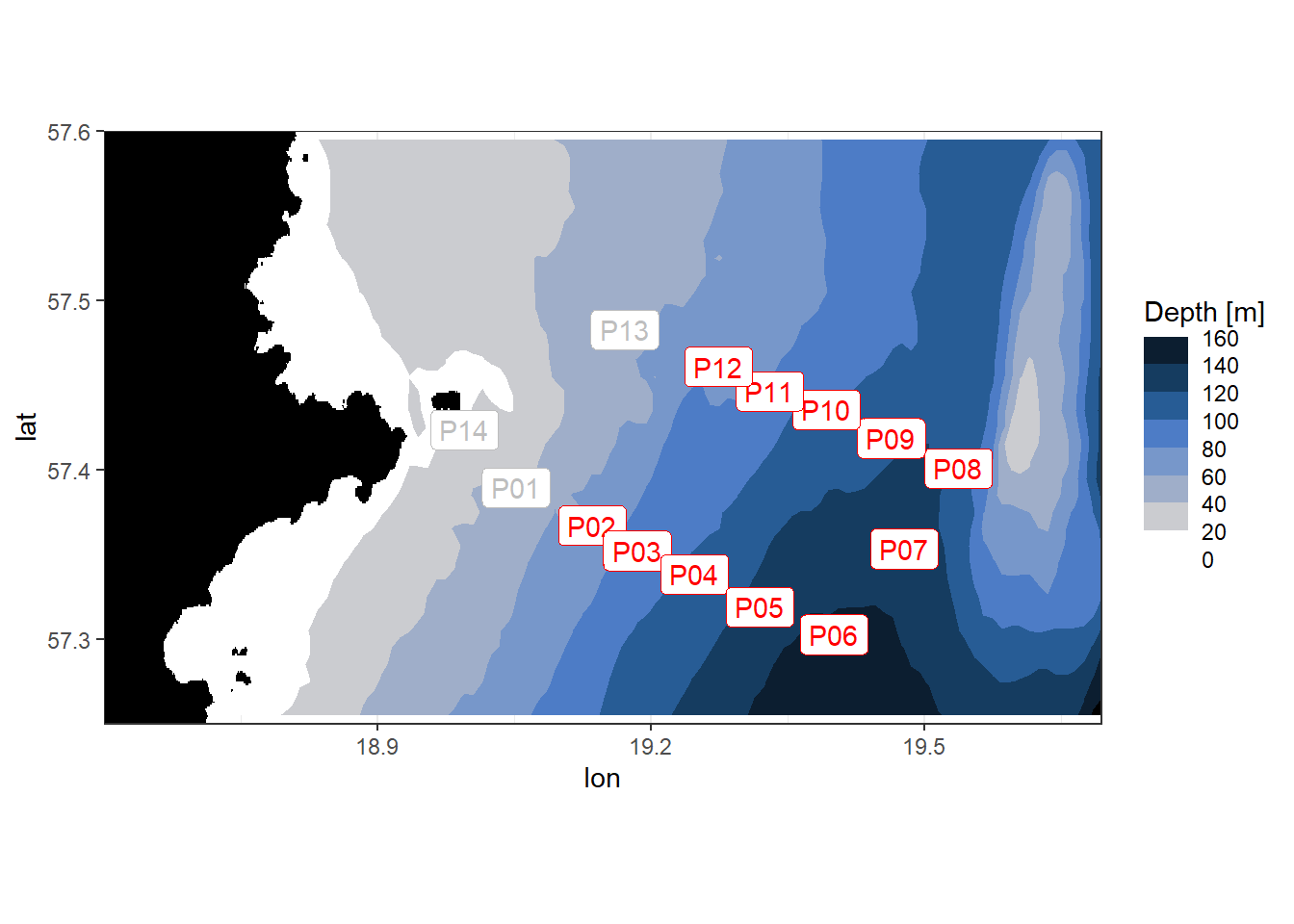Location of stations sampled between the east coast of Gotland and Gotland deep.