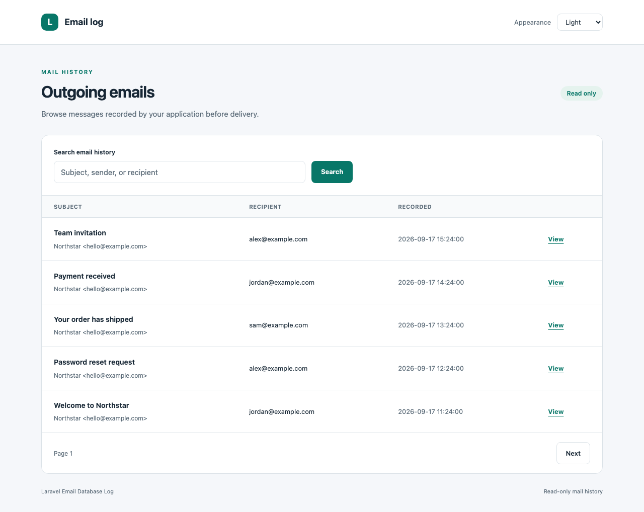 Searchable email history with an appearance selector