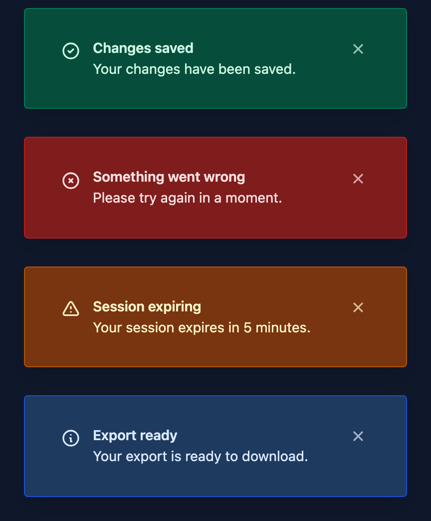 Bootstrap 4 dark mode: success, error, warning, and info toasts