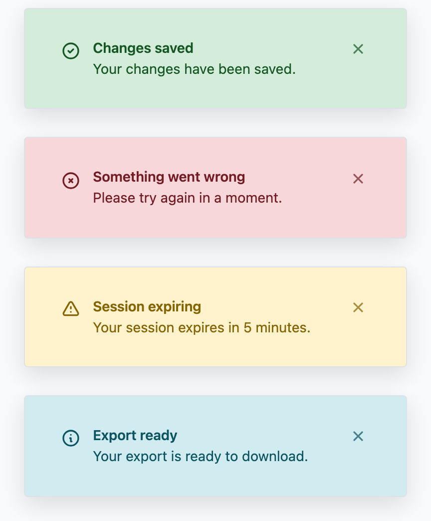 Bootstrap 4 light mode: success, error, warning, and info toasts