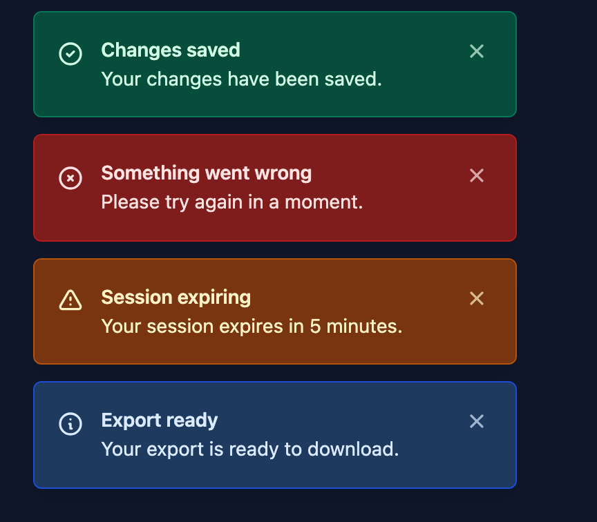 Bootstrap 5 dark mode: success, error, warning, and info toasts