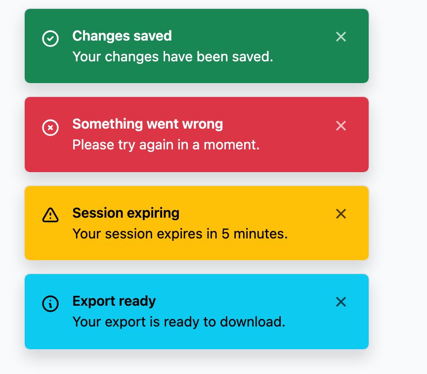 Bootstrap 5 light mode: success, error, warning, and info toasts