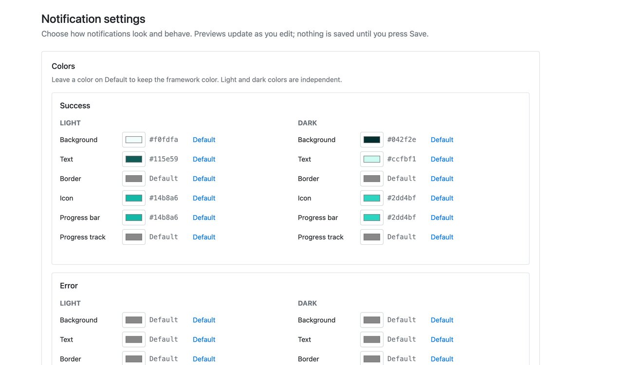 Settings page with Bootstrap 4: color pickers for the success type in light and dark mode