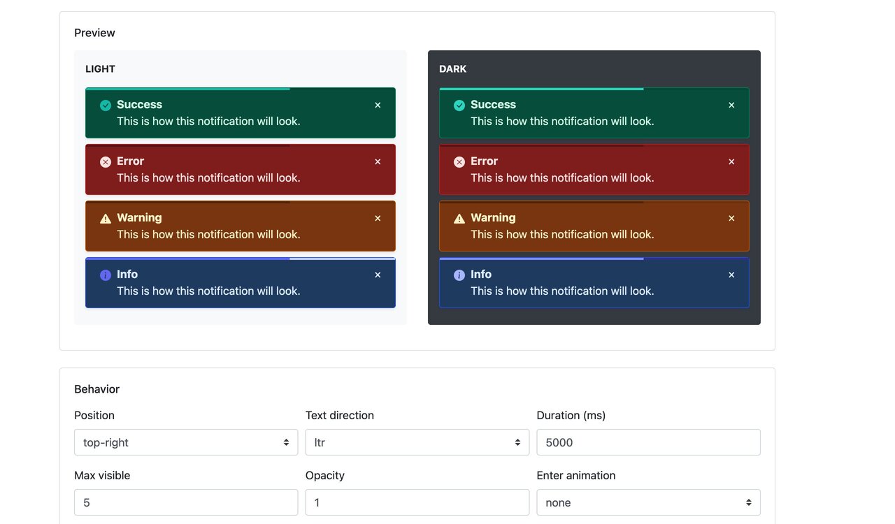 Settings page with Bootstrap 4: live preview of the four toast types in light and dark mode