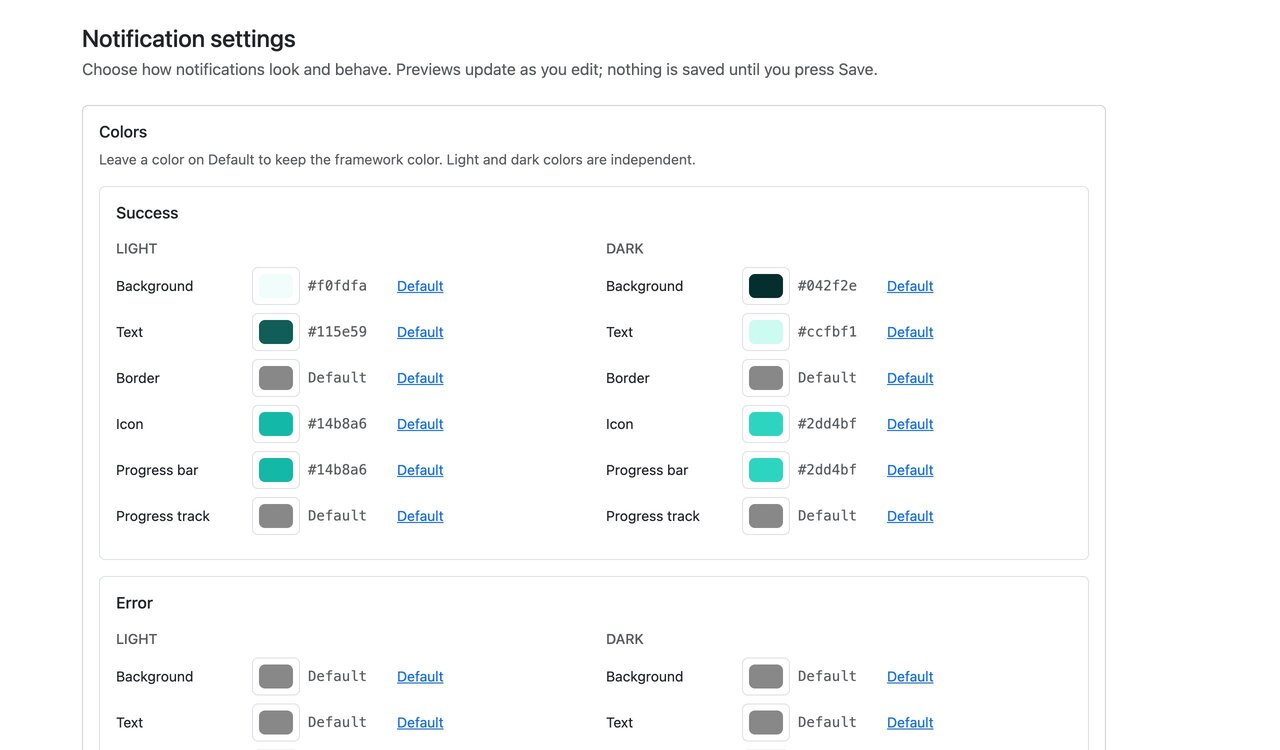 Settings page with Bootstrap 5: color pickers for the success type in light and dark mode