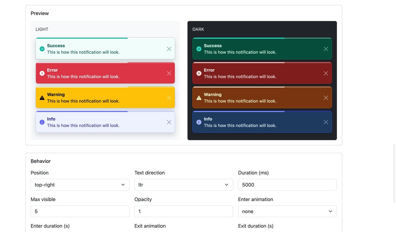Settings page with Bootstrap 5: live preview of the four toast types in light and dark mode