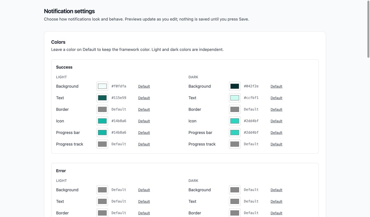 Settings page with Tailwind: color pickers for the success type in light and dark mode