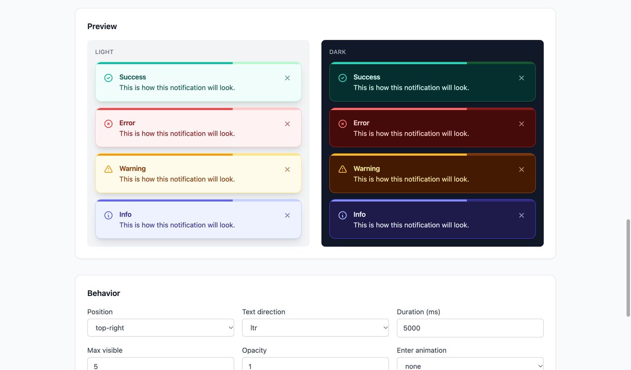 Settings page with Tailwind: live preview of the four toast types in light and dark mode
