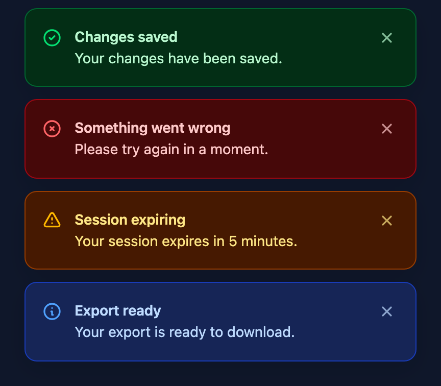 Tailwind dark mode: success, error, warning, and info toasts
