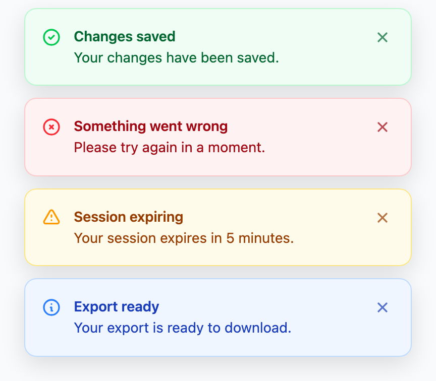 Tailwind light mode: success, error, warning, and info toasts