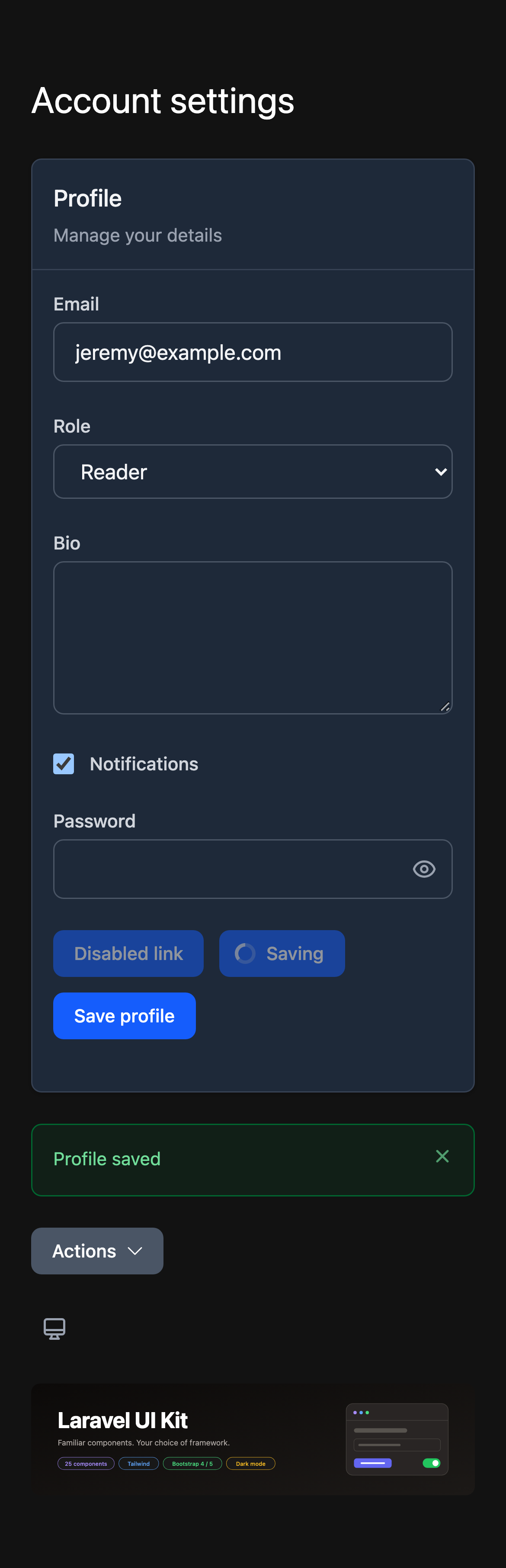 Mobile account settings in dark mode