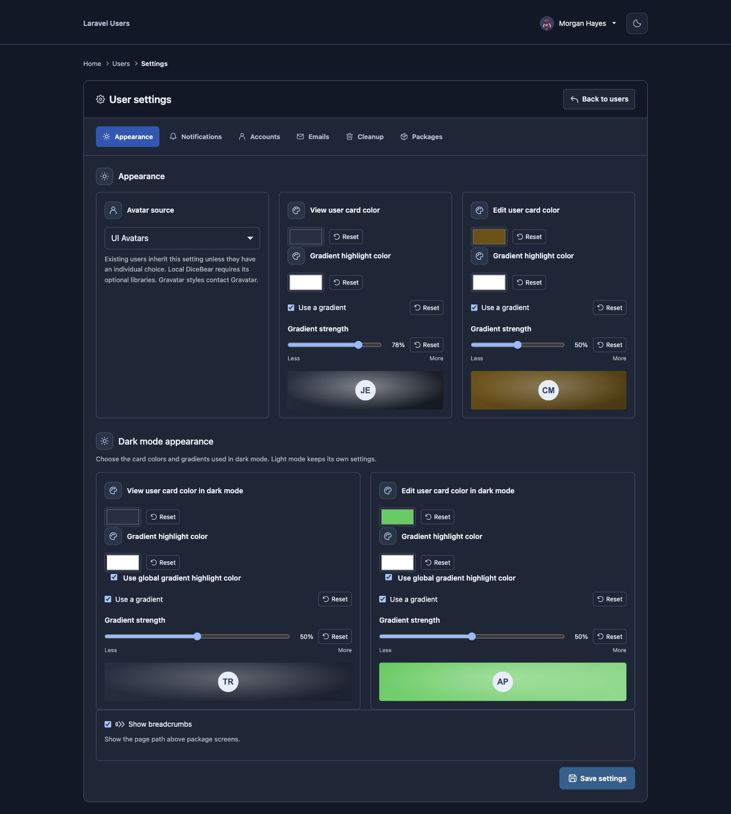 Global settings page