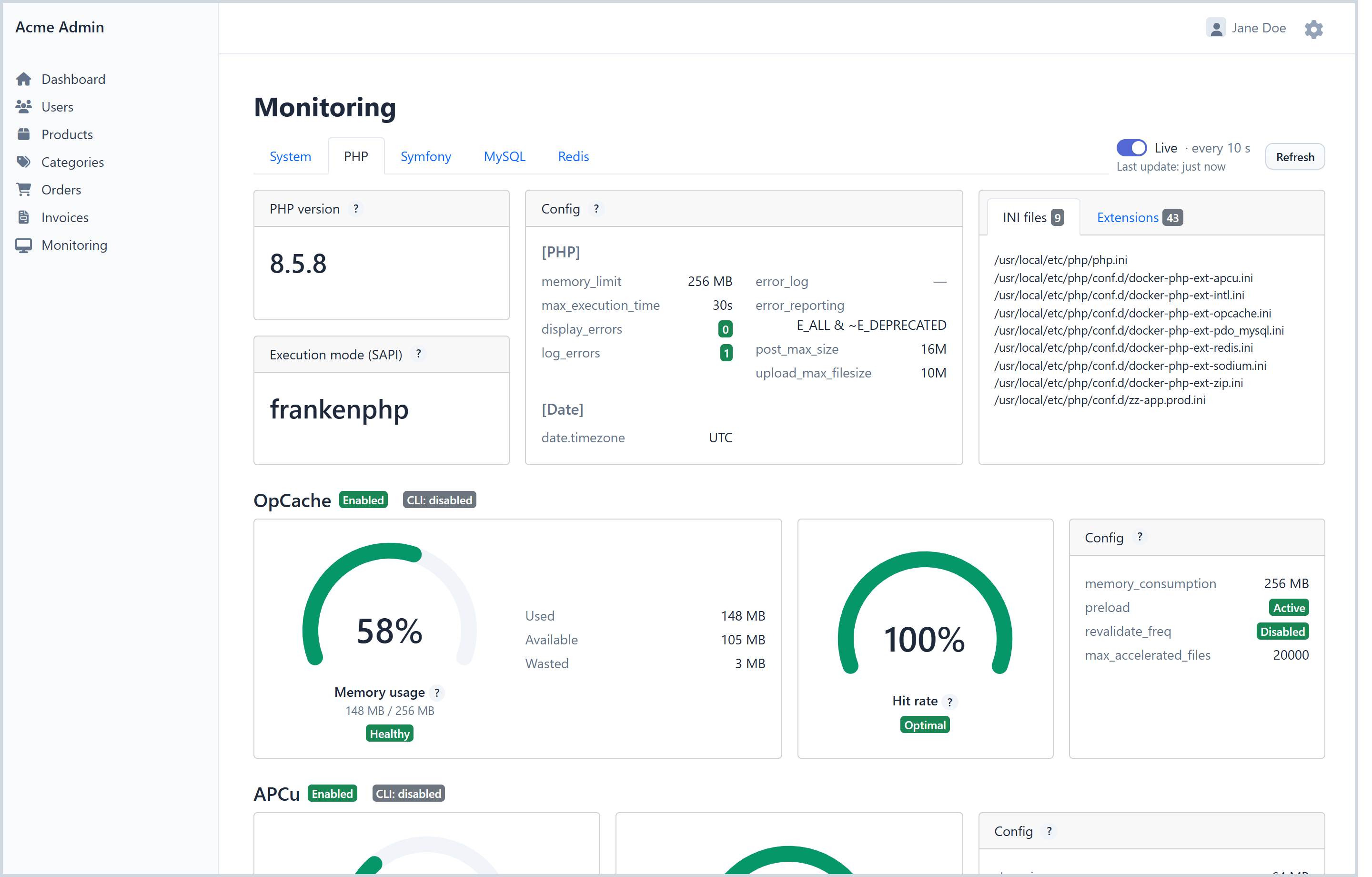 PHP tab of the monitoring page in EasyAdmin