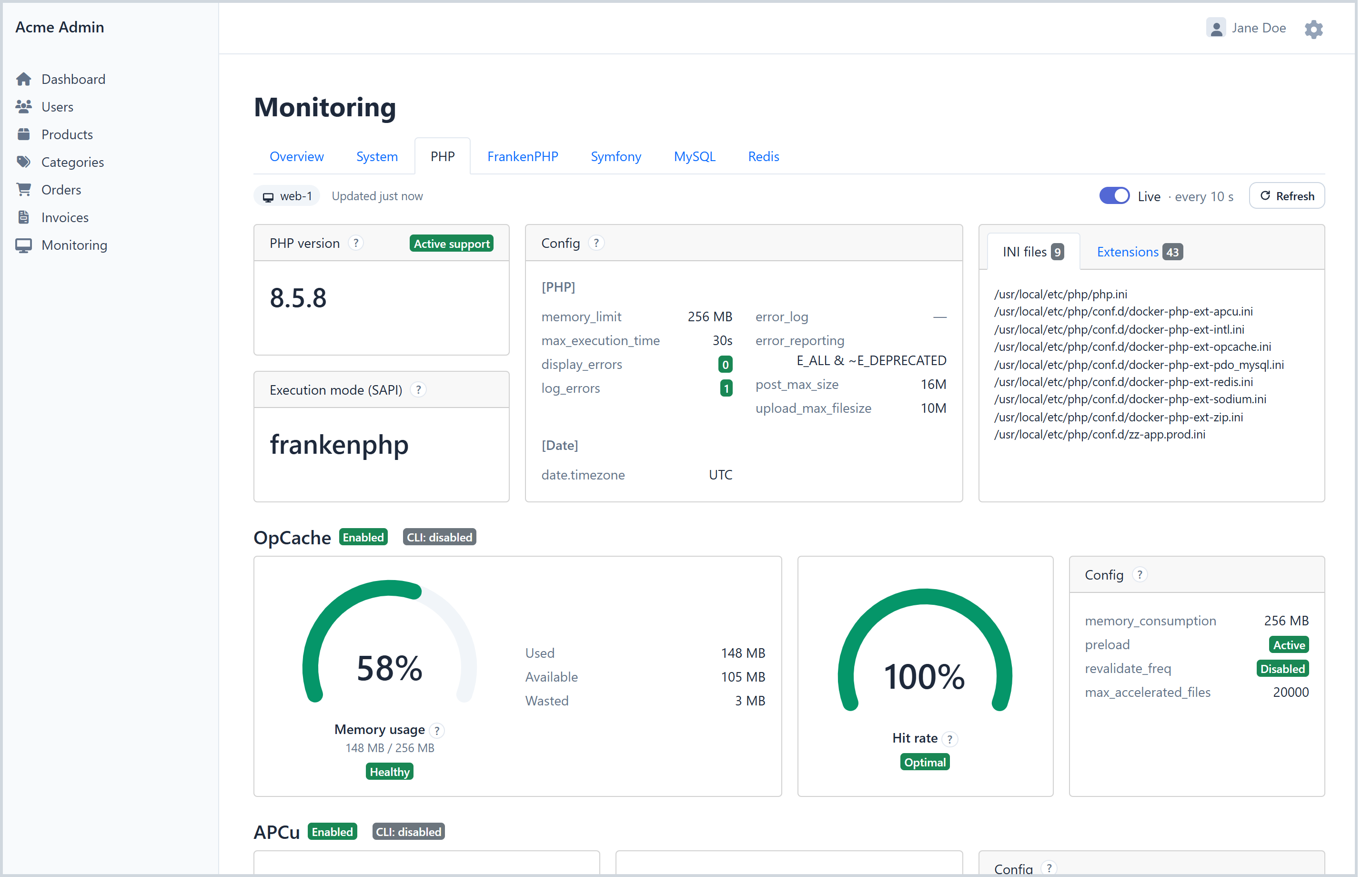 PHP tab of the monitoring page in EasyAdmin