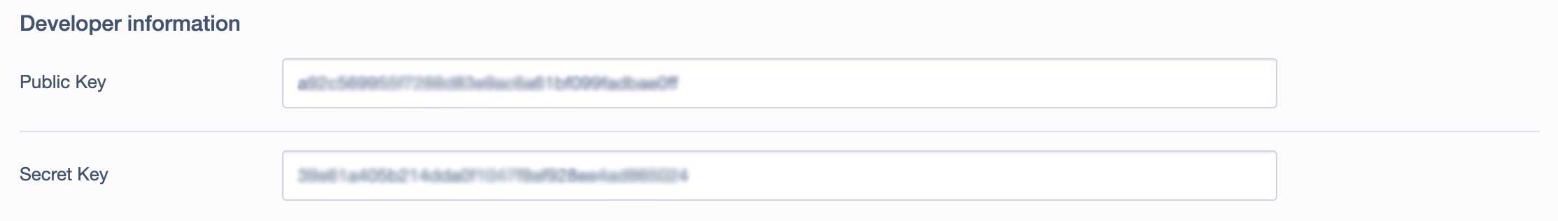Image of fields for public and secret developer key