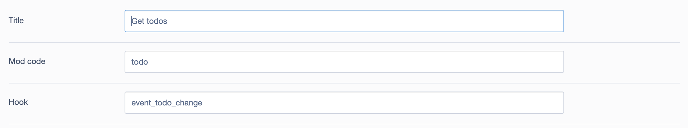 Image of fields for webhook with title, mod and hook code