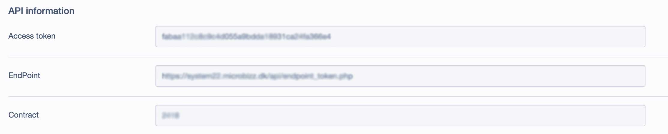 Image of fields for access token, endpoint, and contract