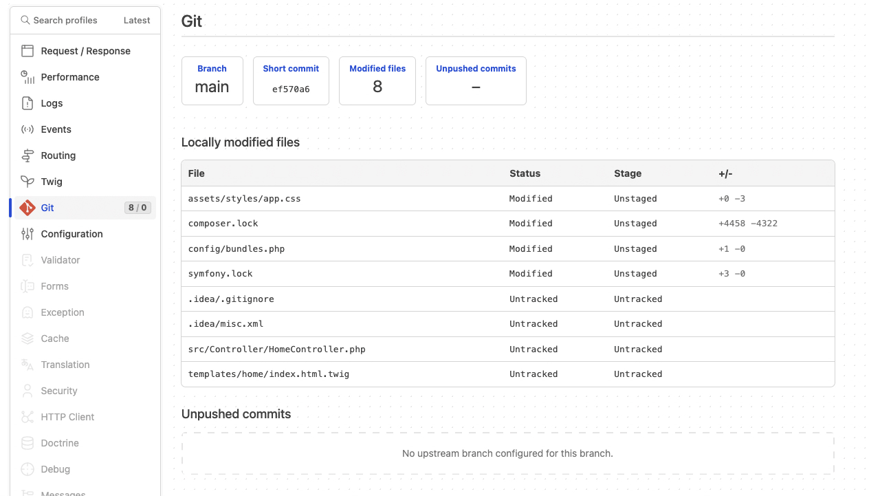 GitProfilerBundle Git panel in the Symfony Web Profiler