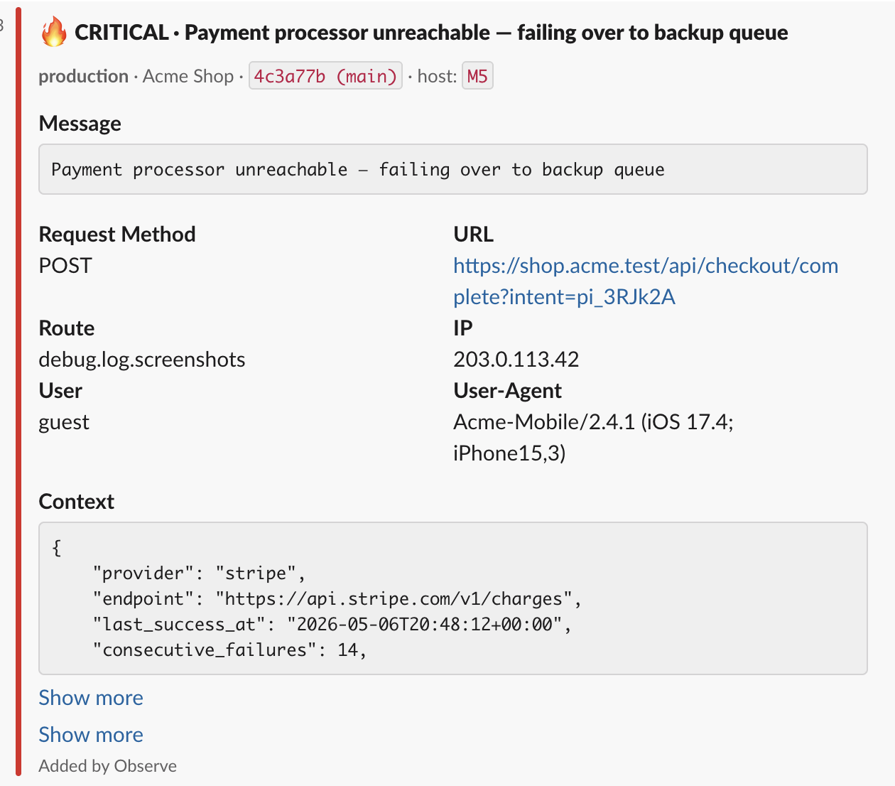 Critical alert with rich JSON context