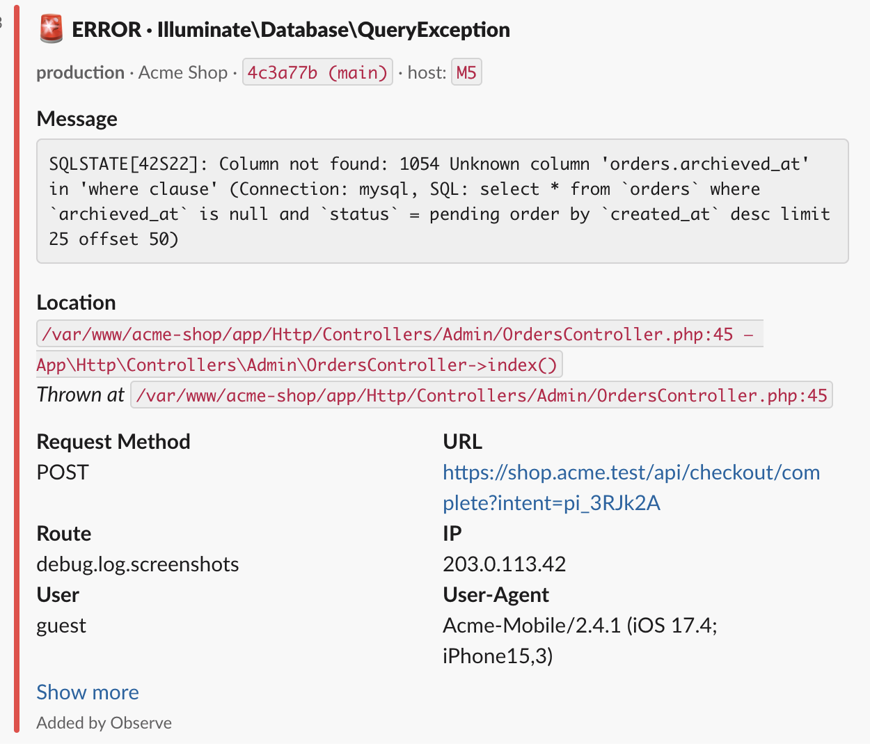 Database query exception