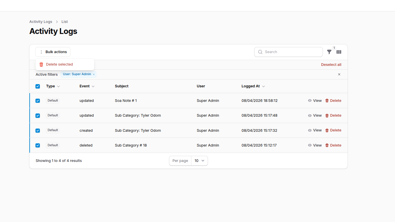 Activity logs with search, filters, and bulk actions