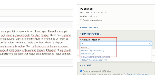 Select CiviCRM entity on content type create