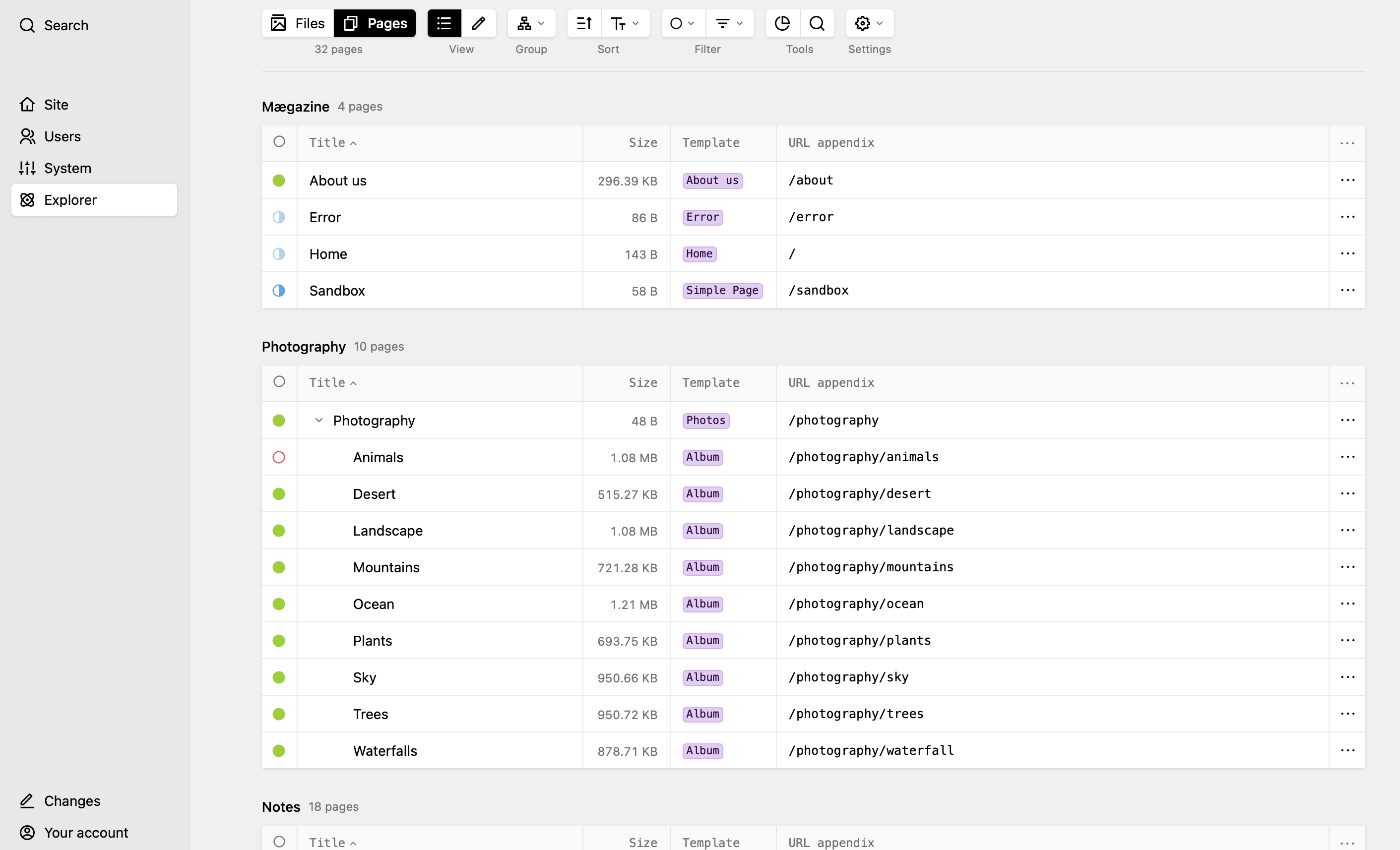 Pages in list view