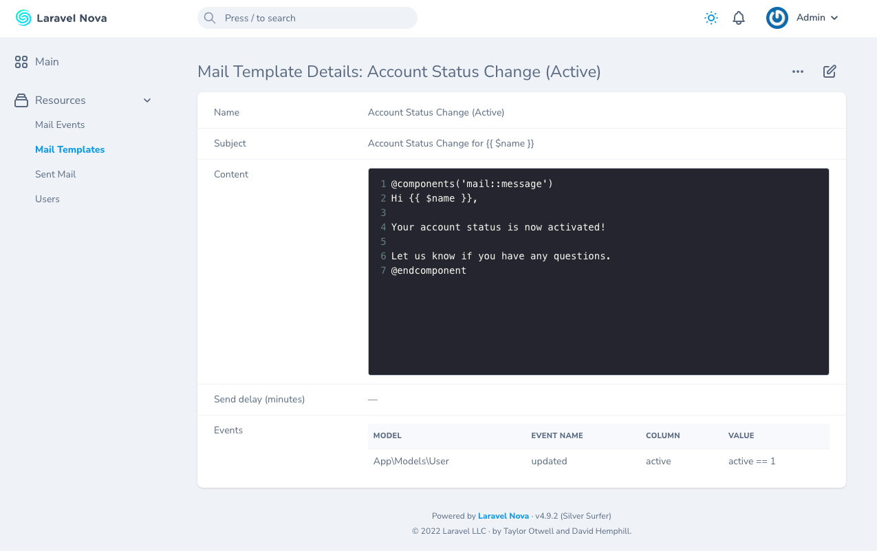 screenshot of the account status with value mail template