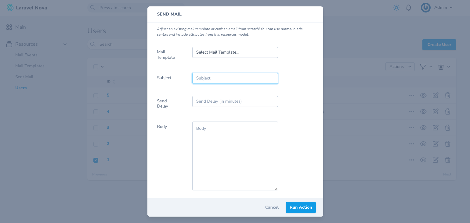 screenshot of the send mail action modal