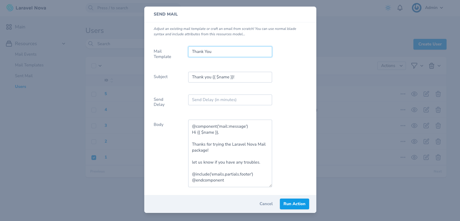 screenshot of the send mail action modal with template selected