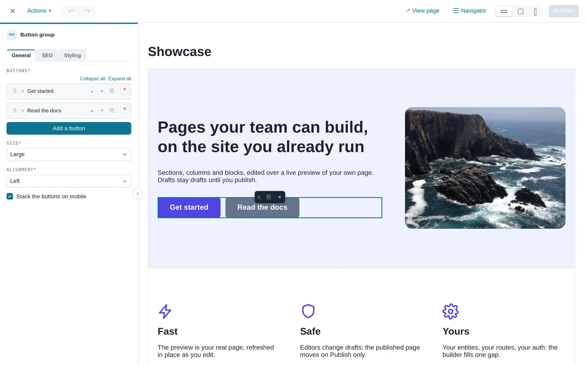 The builder: a block's form in the sidebar, the page's real preview beside it