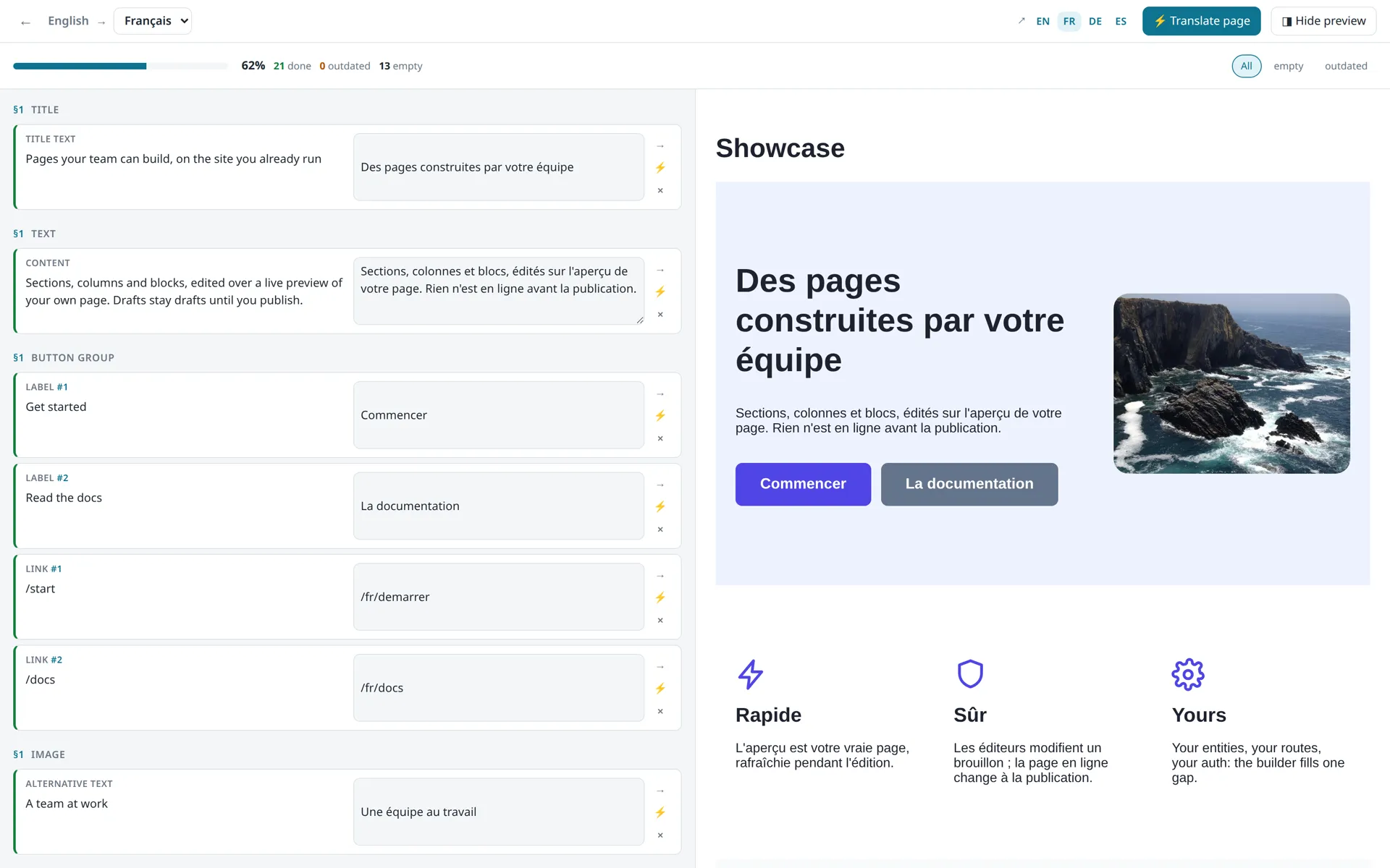 The translation workbench: source and translation side by side, the translated page previewed live