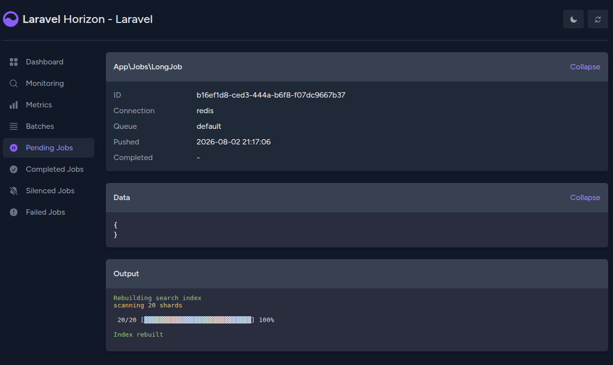 The output panel on a Horizon job details page, showing a job's log lines and a progress bar