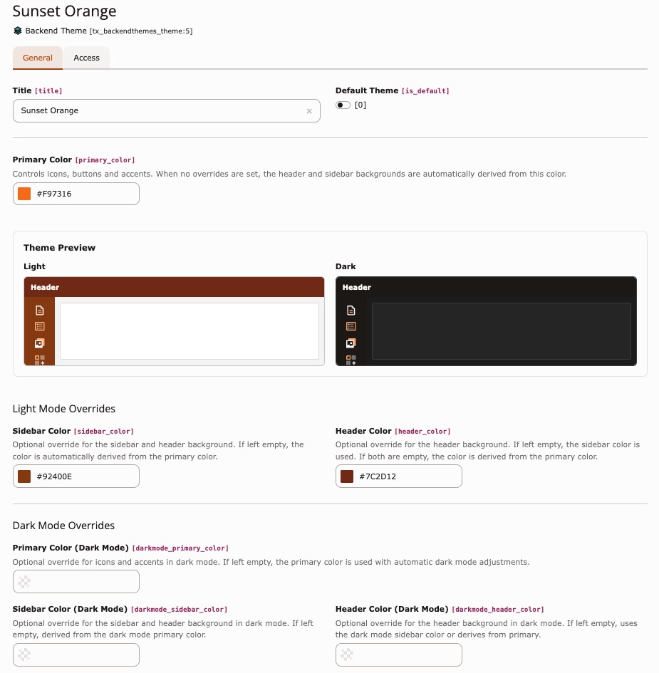 Theme record with live preview