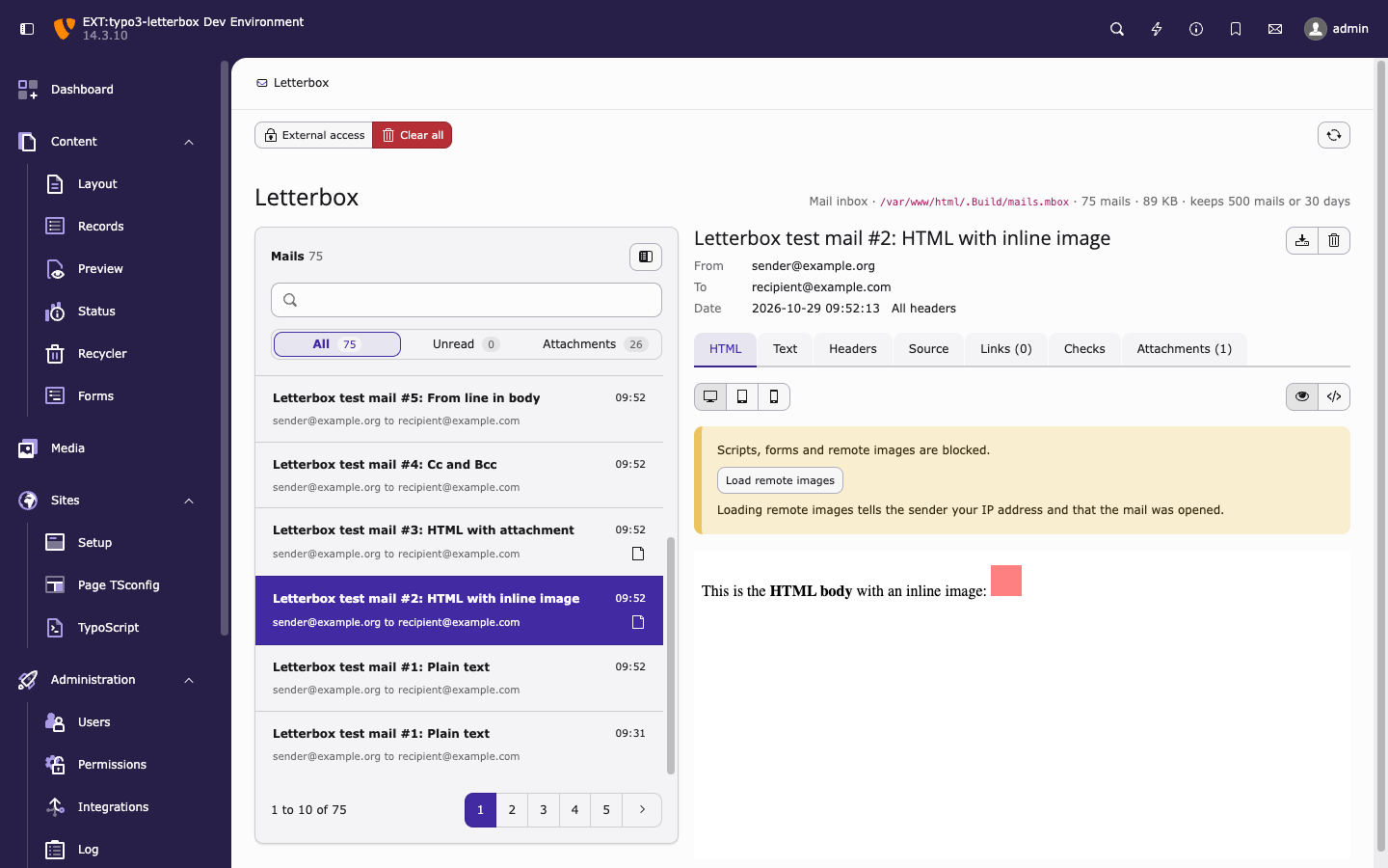 Letterbox backend module with mail list and HTML preview