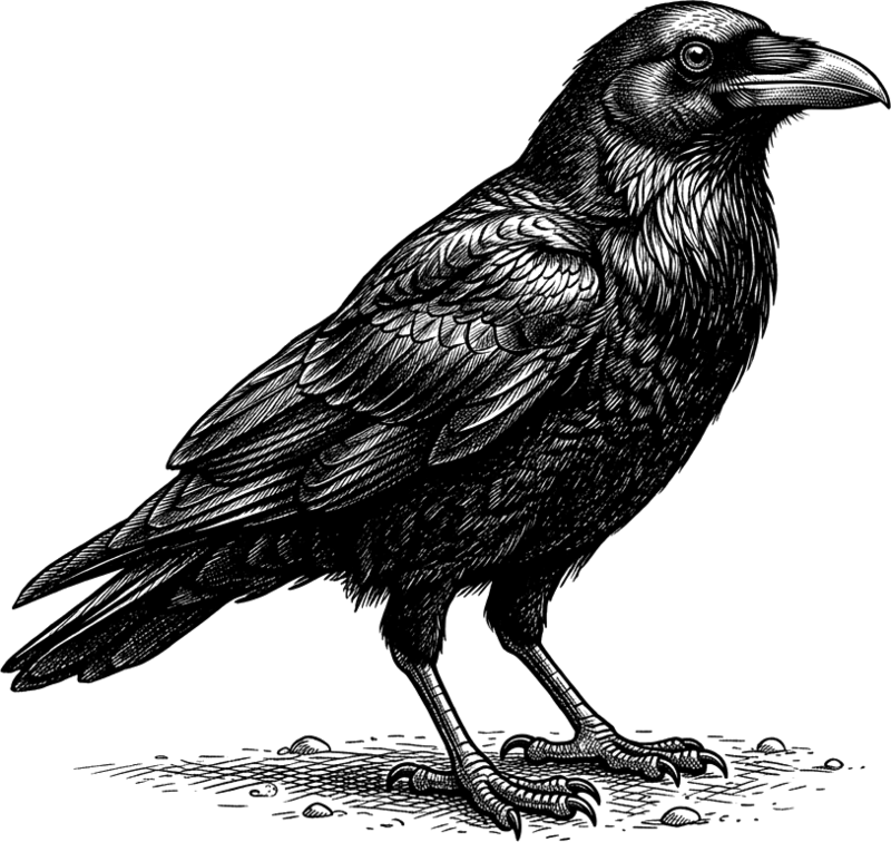 A raven, drawn in the style of a wood engraving