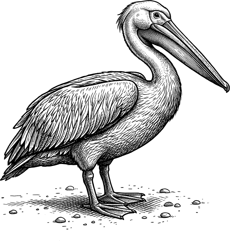 A pelican, drawn in the style of a wood engraving