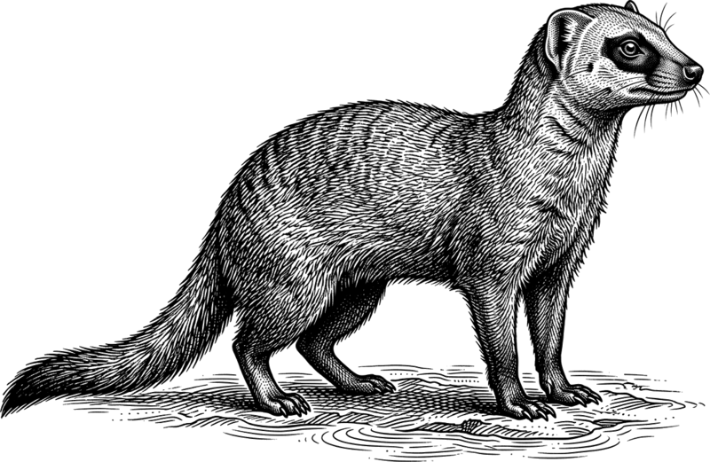 A mongoose, drawn in the style of a wood engraving