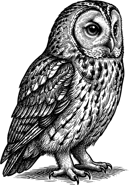 A tawny owl, drawn in the style of a wood engraving