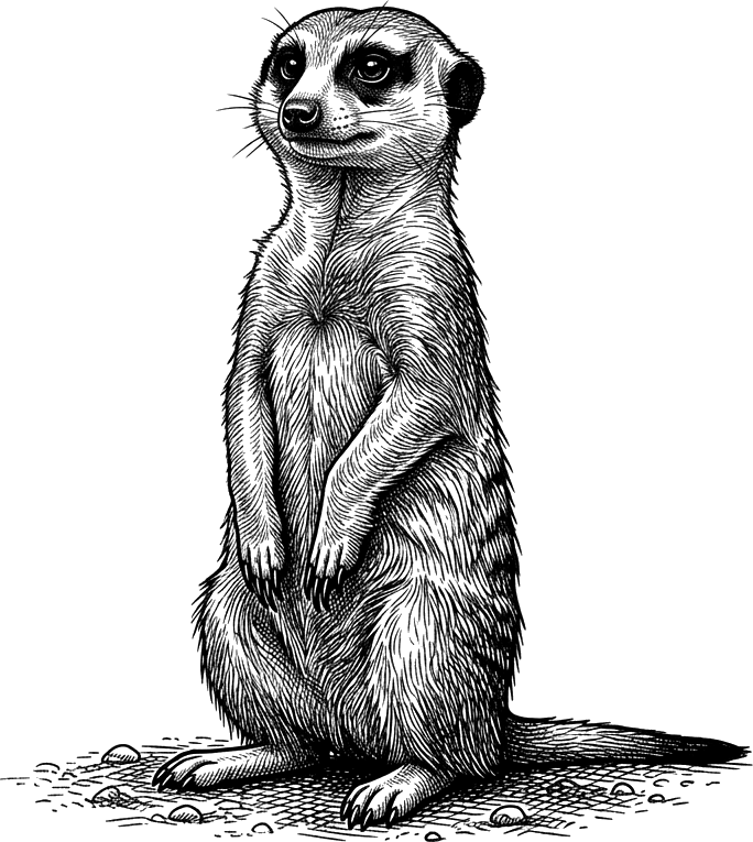 A meerkat on watch, drawn in the style of a wood engraving