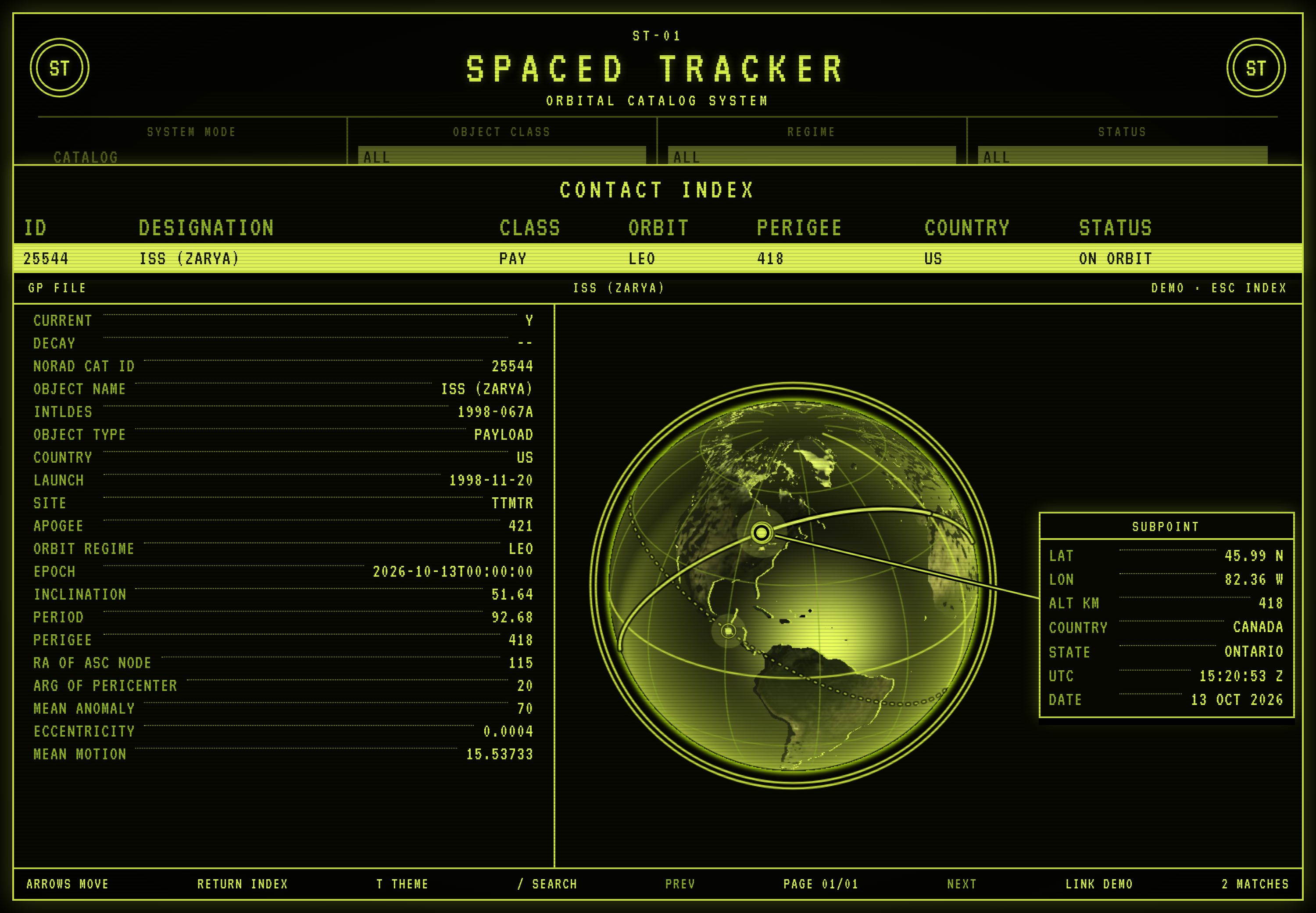 The ISS elements file. One revolution is drawn solid through the subpoint ring, and another object on the page is dotted.