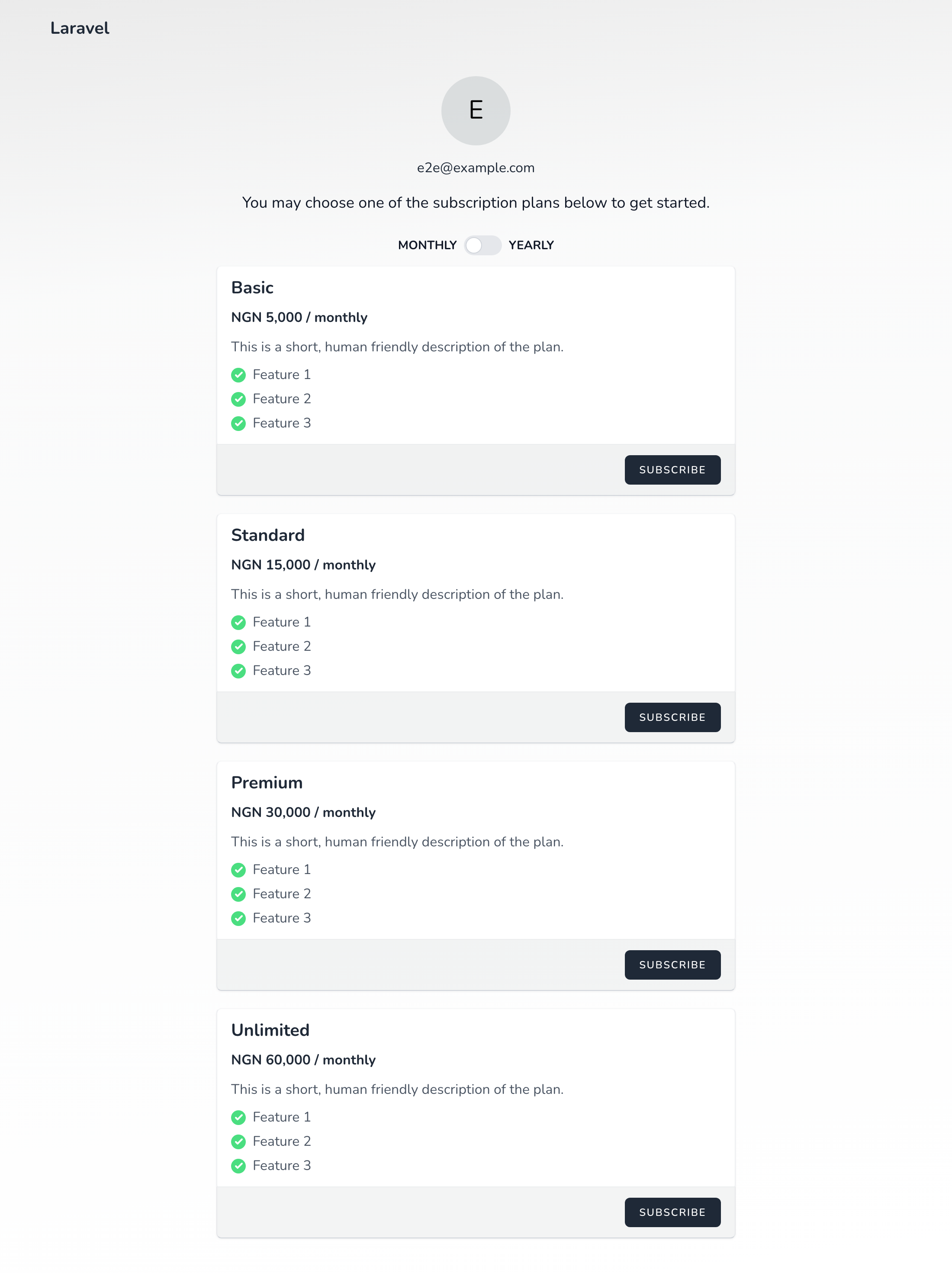 The billing portal, listing the configured plans with a monthly/yearly toggle