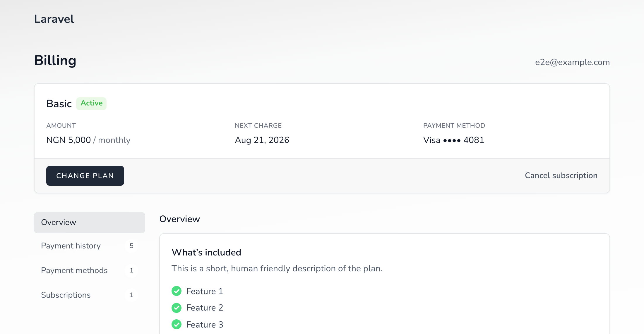 The subscription management portal, showing the current plan, next charge and payment method