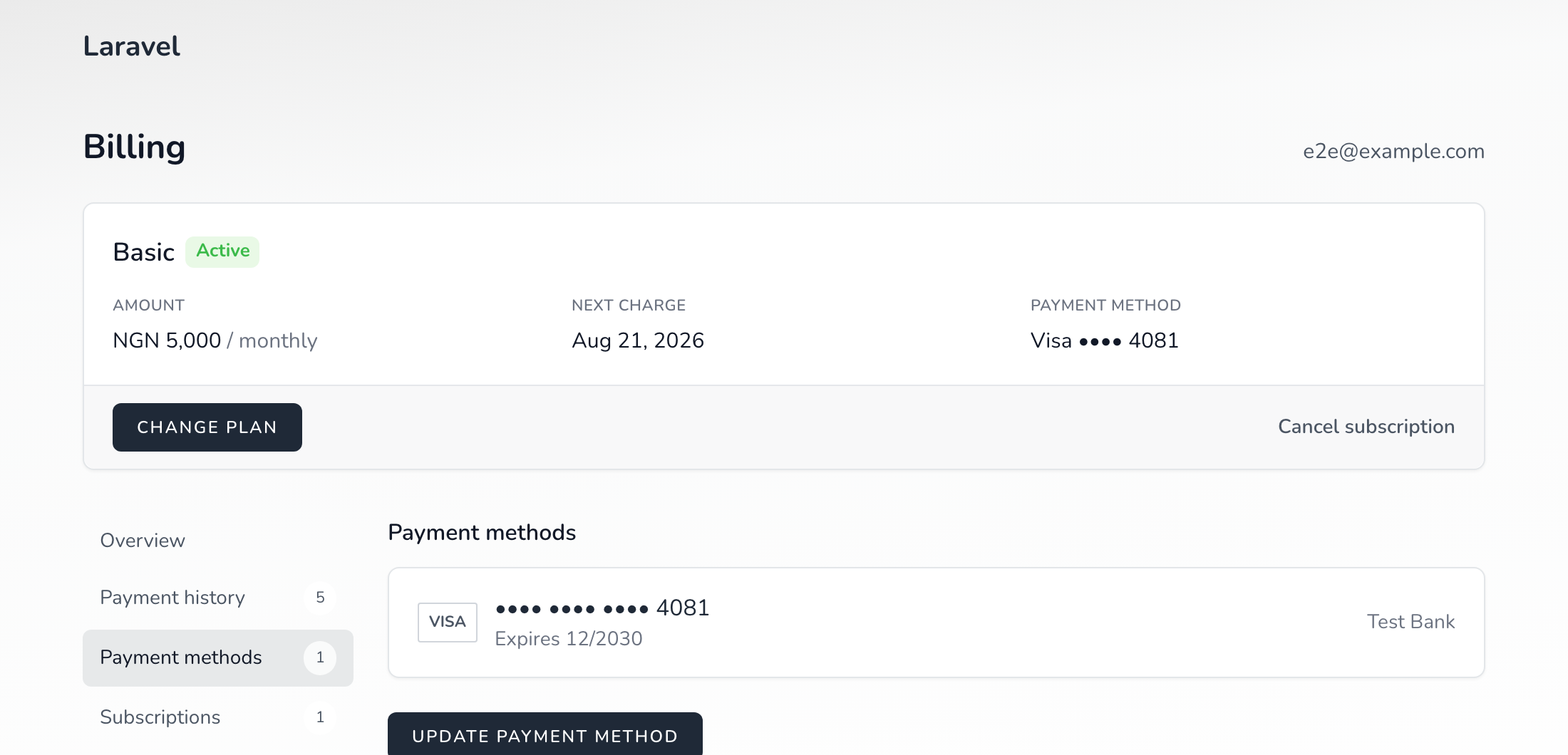 The payment methods section, with a button that hands off to PayStack's hosted card update page