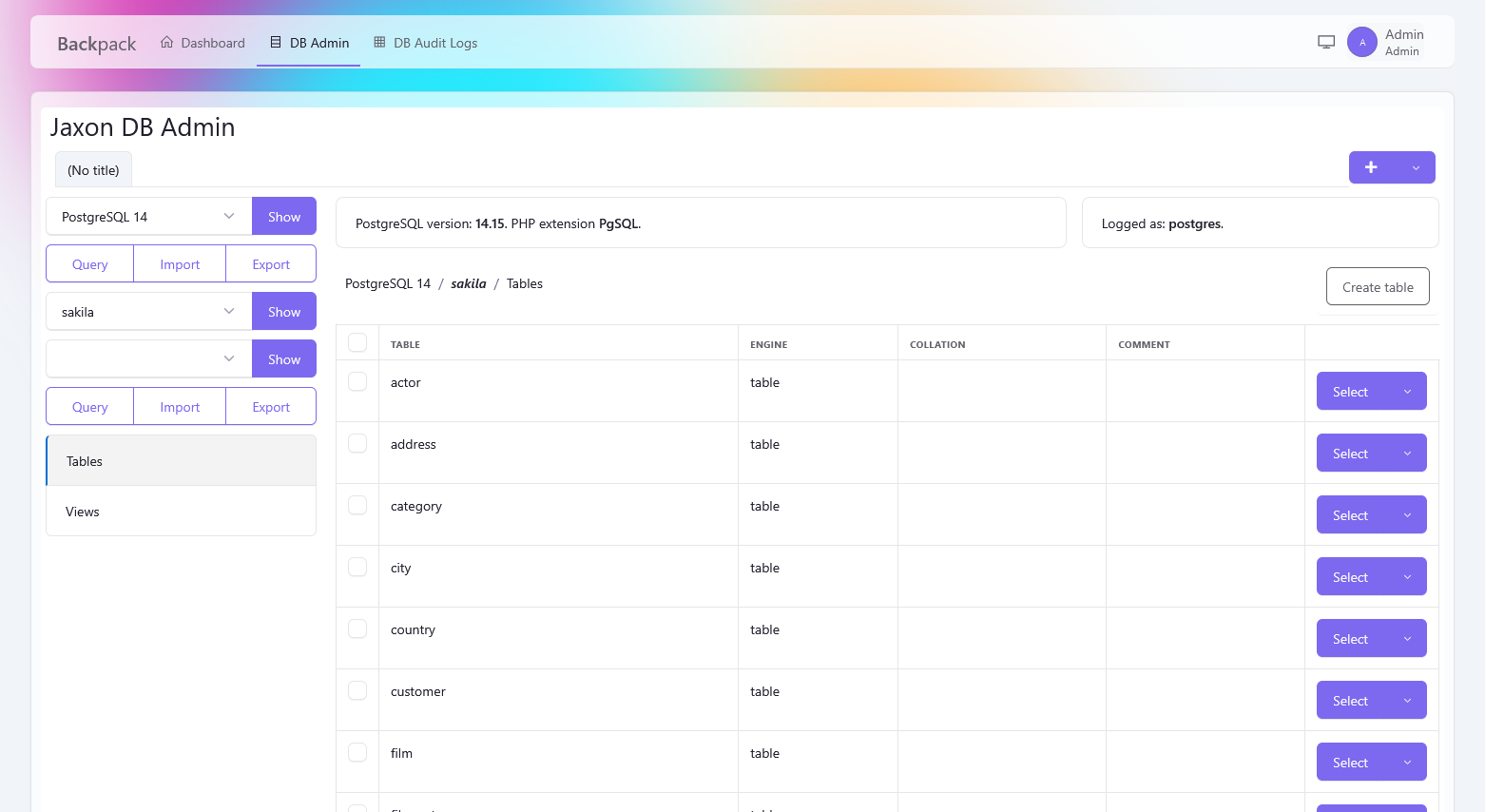 DbAdmin for Backpack with the Tabler theme